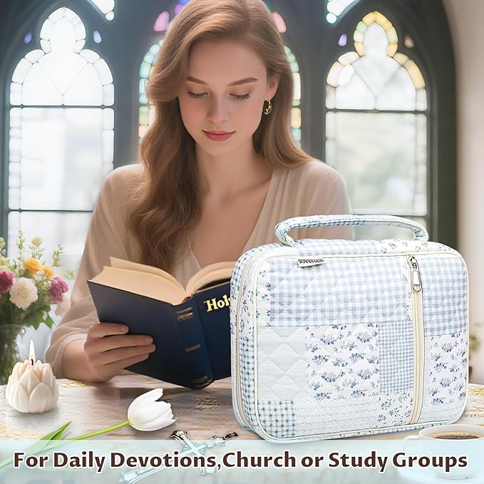 shirabags Quilted Bible Cover Case for Women - Elegant Cotton Bible Bag for Study, Church, Christian Gifts for Women(Green Blue pin, M)