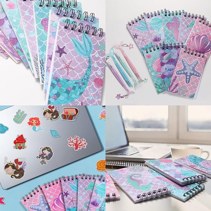 LiYiQ 148 Pcs Mermaid Mini Spiral Notepads Mermaid Pens Stickers Set for PET Birthday Classroom School Reward Gift Prizes Goodie Bags Stuffers