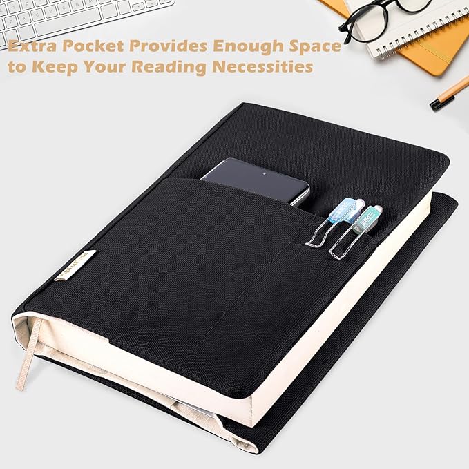 Canvas Book Cover - Washable & Adjustable Covers for Paperback & Hardcover, Pockets for Pen, Book Lovers Gift