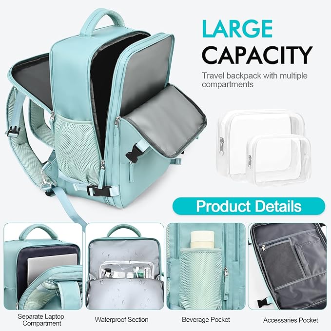 Travel Backpack for Men Women, TSA Friendly Carry-on Backpack Luggage Airline Approved, Personal Item Backpack Bag, Backpack for Traveling, Blue-Green