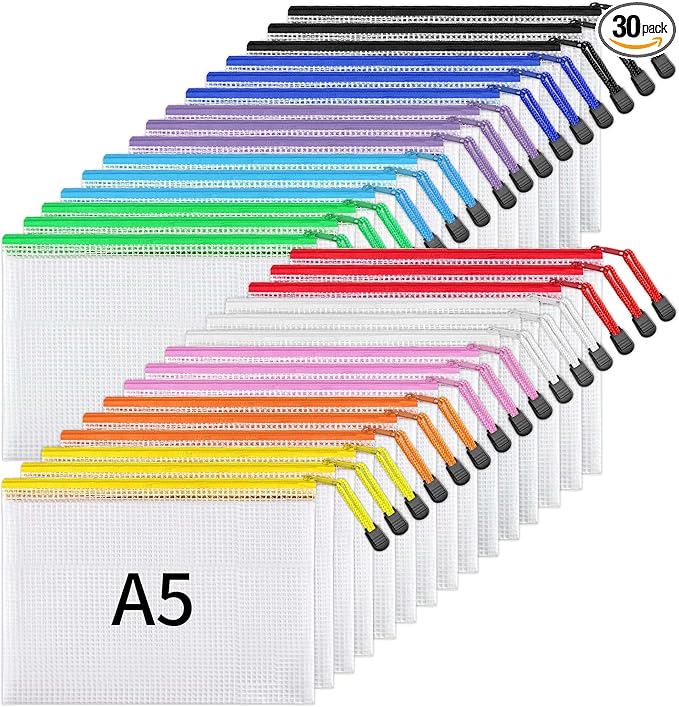 JARLINK 30 Pack 10 Colors Zipper Mesh Document Pouch, 6x9 Inch/A5, Plastic Water-Resistant File Bags, for School Office Supplies, Cosmetics Travel Storage, Assorted Color