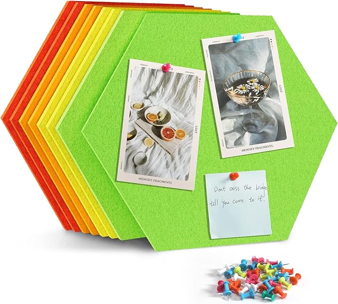 12" Large Bulletin Board with 30 Push Pins, Pack of 8 Hexagon Felt Pin Board Notice Boards for Home Office Kitchen, Felt Wall Tiles for Photos Memos (Green Yellow)