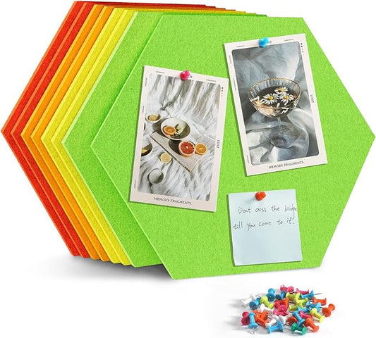 12" Large Bulletin Board with 30 Push Pins, Pack of 8 Hexagon Felt Pin Board Notice Boards for Home Office Kitchen, Felt Wall Tiles for Photos Memos (Green Yellow)