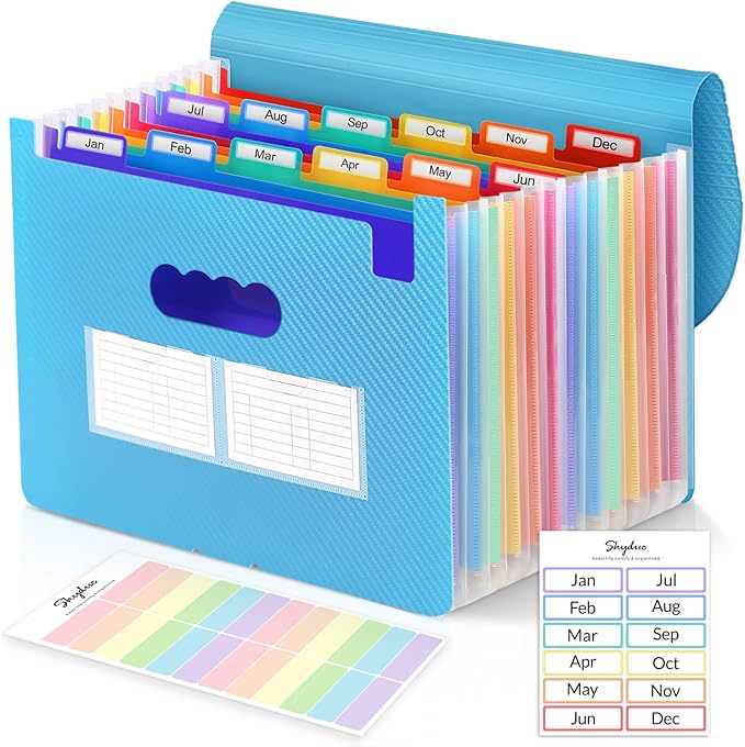 SKYDUE File Organizer, 12 Pockets Accordian File Organizer, Letter Size Expanding File Folder with Colored Tabs and Expandable Cover Portable Bill Receipt Organizer Blue
