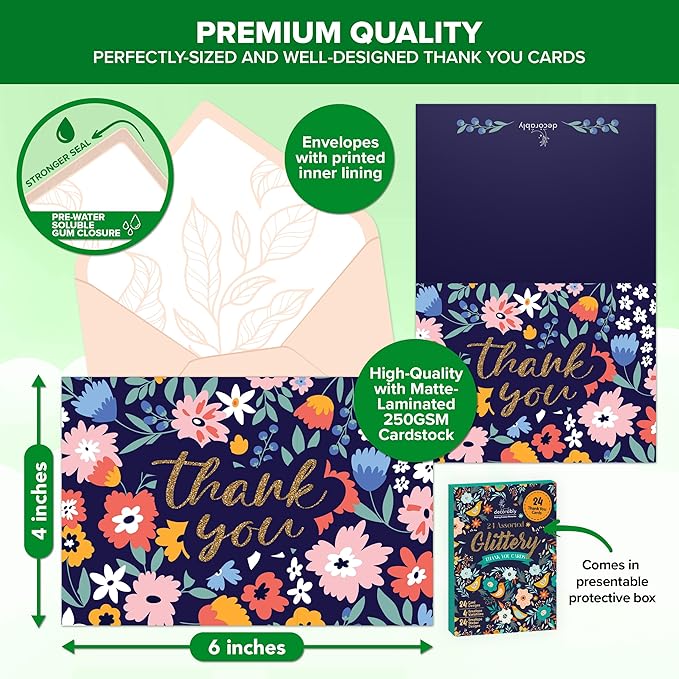 Decorably 24 Pack Glittery 6x4in Assorted Thank You Cards with Envelopes and Stickers, 24 Unique Beautiful Designs Thank You Card Assortment, Blank Inside - Wedding, Baby Shower, Birthday