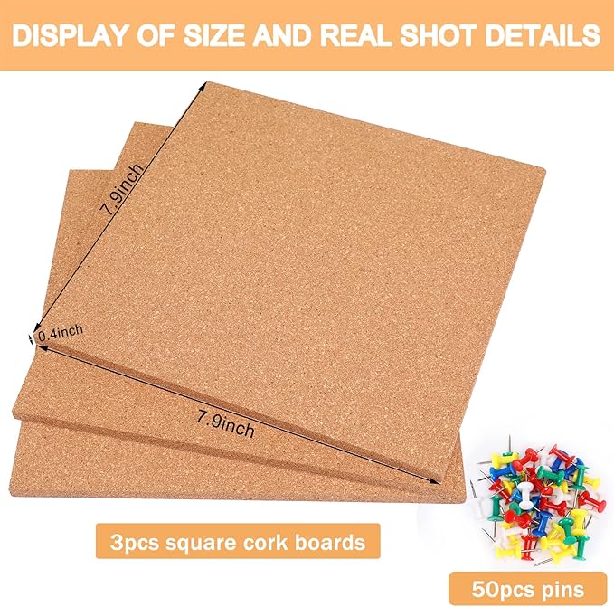FEBSNOW Cork Board, 3 Pack Strong Self-Adhesive Cork Board Tiles Square 7.9 * 7.9inch Cork Boards for Walls Bulletin Board with 50 Multi-Color Push Pins