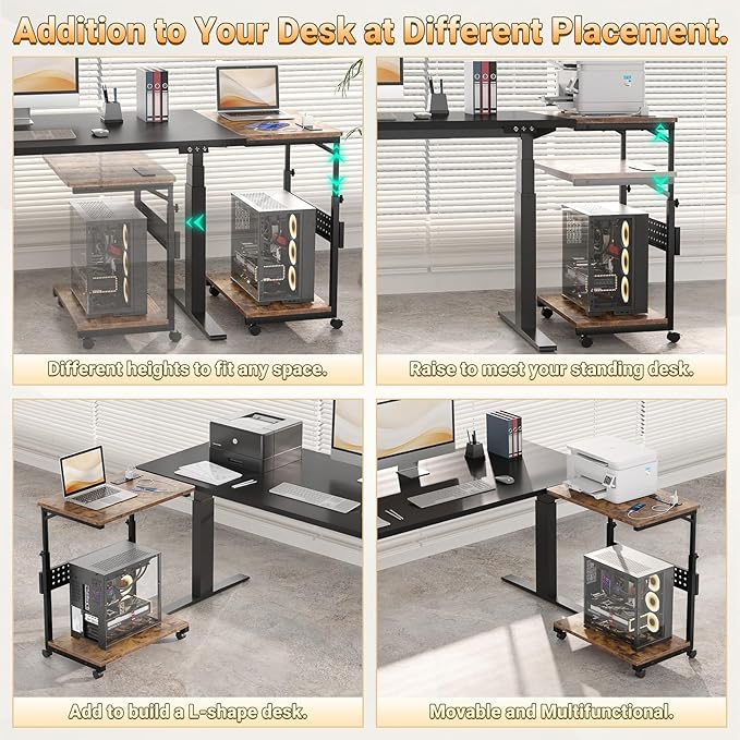 Computer Tower Stand with Power Strips, Height Adjustable PC Tower Stand/Cart with Wheels, Mobile Rolling CPU Holder, Computer Cart Side Stand for Computer Desk, 24", Rustic Brown