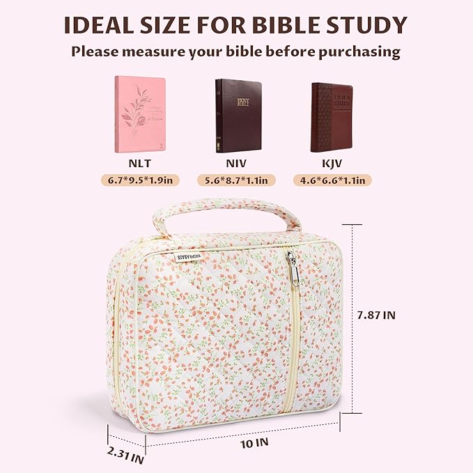 shirabags Quilted Bible Cover Case for Women - Elegant Cotton Bible Bag for Study, Church, Christian Gifts for Women (Pink Floral, M)