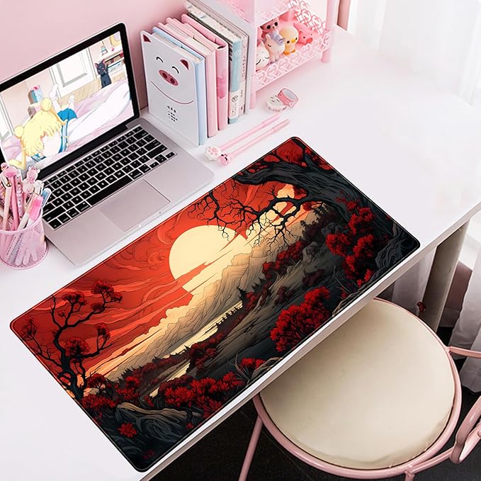 Red and Black Mouse Pad Japanese Mouse Pad XL Black Anime Big Mouse Pads for Desk Large Gaming Large Mouse Pad for Men Desk Pad with Stitched Edges Non-Slip Large Computer Mat, 31.5x15.7 in.