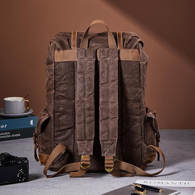 Backpack for Men Heavy Duty Waxed Canvas Vintage Women Trim Casual 15.6" laptop Travel Backpack-Coffee