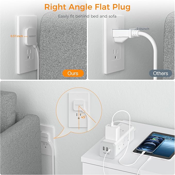 Surge Protector Power Strip with USB, TESSAN Ultra Thin Flat Plug 6 FT Extension Cord with 9 Outlets 3 USB(1 USB C), 1050 J Surge Protector Charging Station for Indoor,Office, Dorm Room Essentials