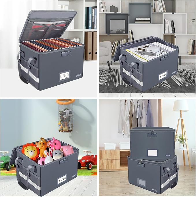 ENGPOW File Box with Lock,Fireproof Document Box with Pockets,Collapsible File Storage Organizer Box Filing Box with Handle,Portable Home Office Safe Box for Hanging Letter/Legal Folder,2 Pack(Gray)
