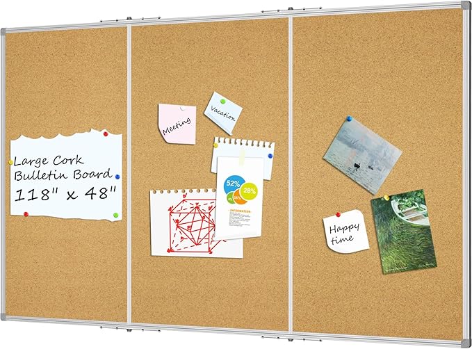 Lockways Large Cork Board Bulletin Board, Bulletin CorkBoard 118 x 48 Inch, Foldable Cork Message Notice Board with Silver Aluminium Frame for School, Home & Office