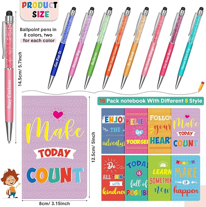Funrous 32 Pcs Motivational Quote Pens Inspirational Notepads Mini Journal with Ballpoint Pen Small Notebooks Gift Set for Men Women Coworkers, Adult Party Favors Prizes Gift Bulk(Colorful)