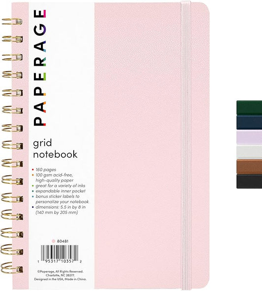 PAPERAGE Graph Paper Spiral Notebook & Journal, (Blush), 160 Pages, Medium 5.5 inches x 8 inches - 100 GSM Thick Graphing Paper, Hardcover, Double-Wire Grid Spiral Notebook
