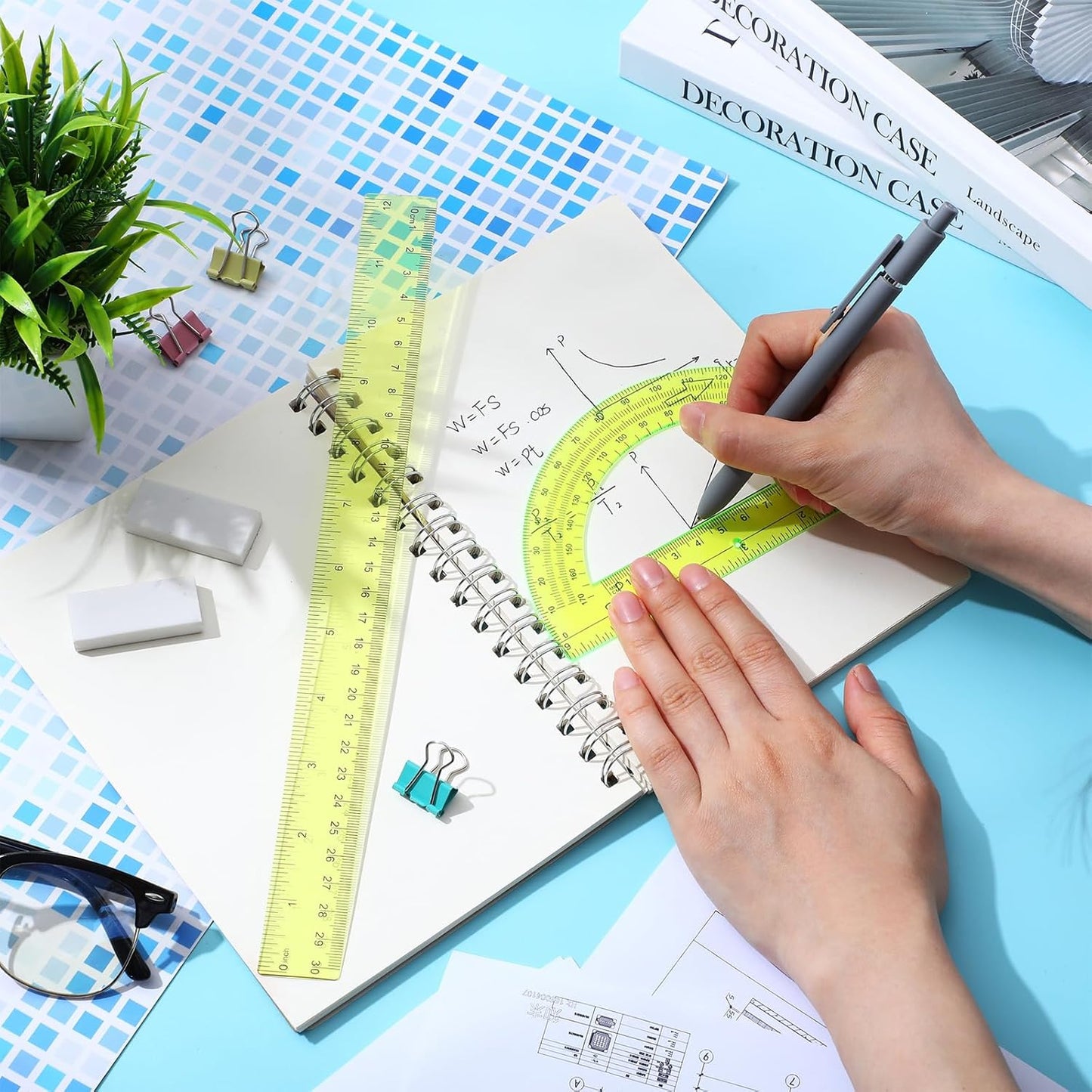 Zonon 2 Pack 12'' Plastic Ruler and 6'' Plastic Protractor Set Clear Ruler Protractor Set Math Geometry Supplies for School Classroom Home Office Drawing(Yellow)