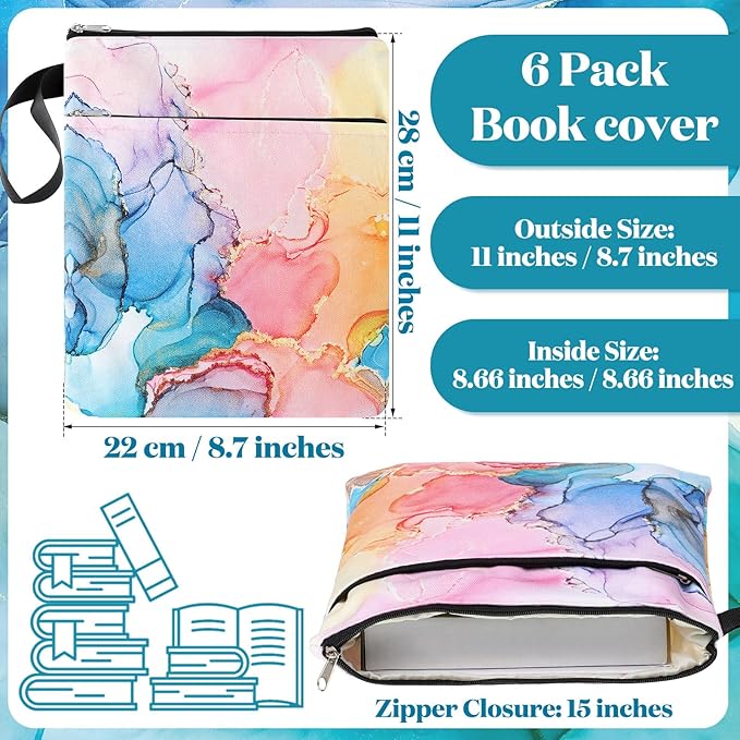 6 Pcs Book Sleeve with Zipper Book Covers for Paperbacks, Protector Hardcover Marble Printed Pouch Bags for Lovers Teacher Student Gifts, Medium 11 x 8.7 Inch (Quicksand with Glitter)