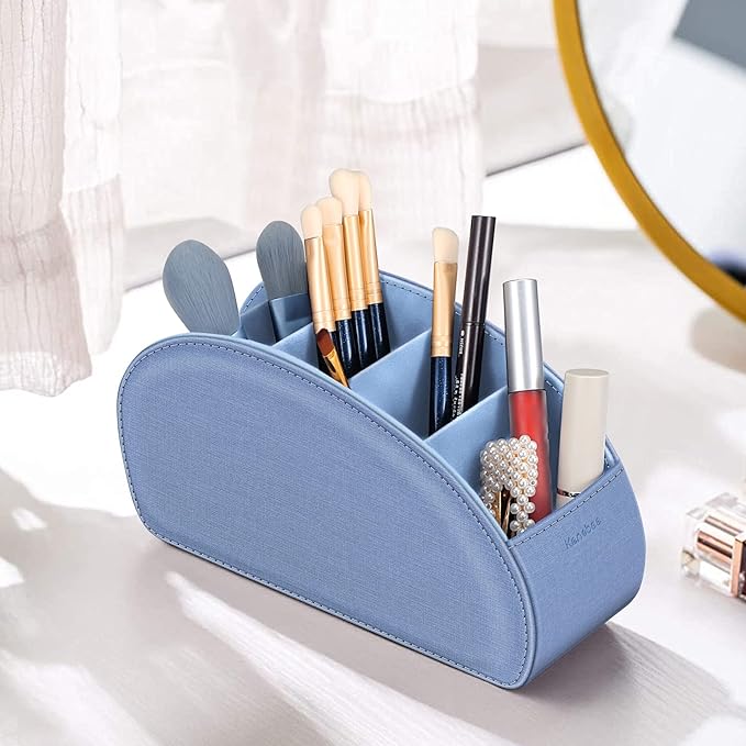 Remote Control Holder with 5 Compartments, KENOBEE Anti-slip Desktop Caddy Storage Organizer for Remote Controllers, Office Supplies, Makeup Brush, Media Accessories, Denim Blue