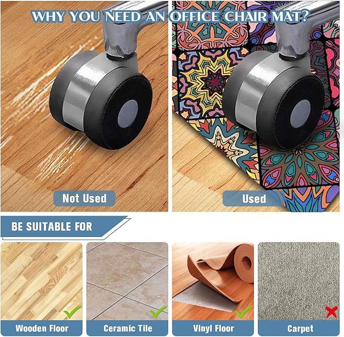 Office Chair Mat for Hardwood Floor Floral Mandala 48"x60" Computer Gaming Chair Mat Anti-Slip Office Rugs Floor Protector for Rolling Chairs Under Desk Rug for Home Office