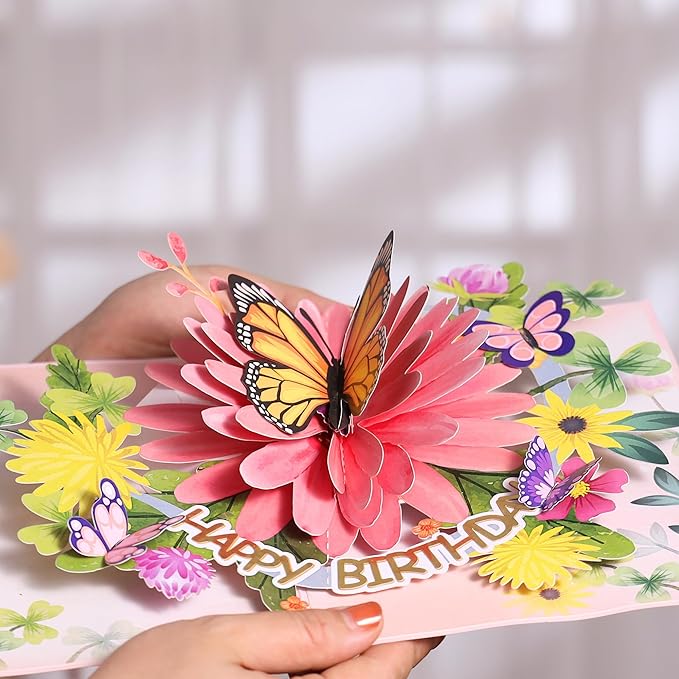 Pop Up Birthday Cards For Women&Wife, Beautiful Flowers and Monarch Butterfly, Elegant, Floral 3D Happy Birthday Greeting Cards, Ideal Gift for Mom, Sister, Her, Grandma, Aunt, Daughter, Stepmother