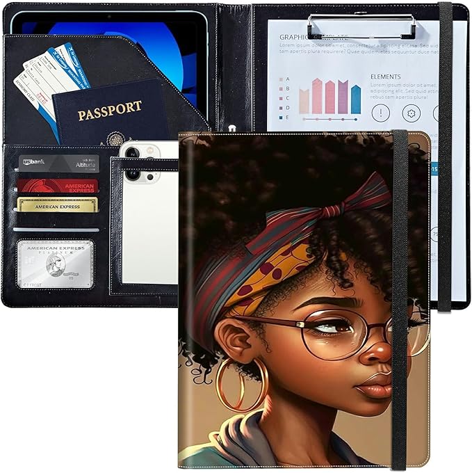 PU Leather Padfolio Folder Clipboard Portfolios Organizer Conference Document Organizer with Business Card Holder Storage Clipboard Writing Pad,Black African American
