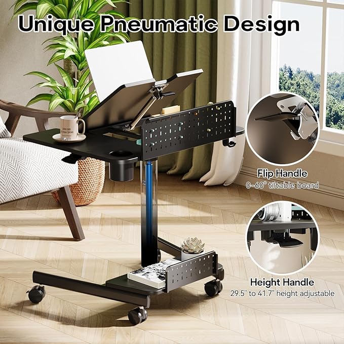 JOY worker Mobile Standing Desk with 60° Tiltable Desktop, 28" Height Adjustable Rolling Desk, DIY Pegboard & Storage Base, Portable Laptop Desk with 4 Lockable Wheels for Home Office, Black