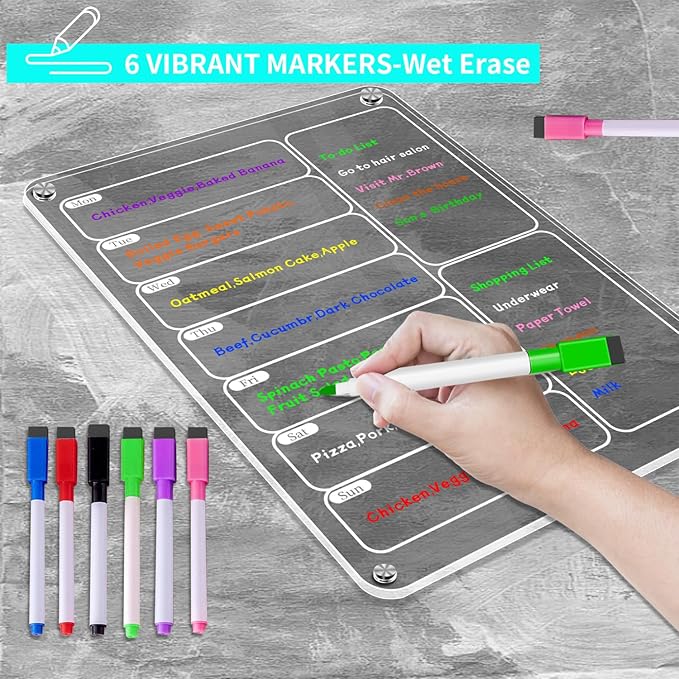 Acrylic Meal Planner Magnetic Menu Board for Kitchen Fridge, Clear Weekly Calendar Planning Board Refrigerator to Do/Grocery/Shopping List/Chore Chart, Magnetic Pen Holder and Eraser, 11.8 x 8’’