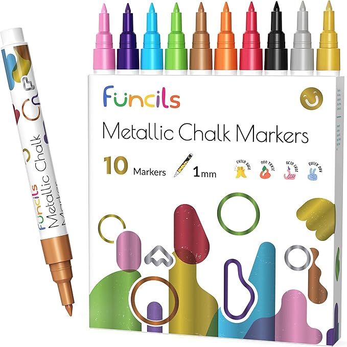 Metallic Liquid Chalk Markers for Chalkboard Signs, Blackboard, Window, Labels, Bistro, Glass, Car (10 Pack, 1mm) - Wet Wipe Erasable Ink Chalkboard Markers, Extra Fine Tip Liquid Chalk Pens