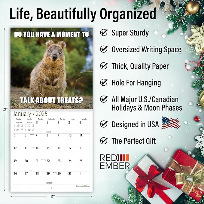 RED EMBER Funny Animal Memes 2025 Wall Calendar 12 Month | 12" x 24" Open | Thick & Sturdy Paper | Giftable | Calendar 2025