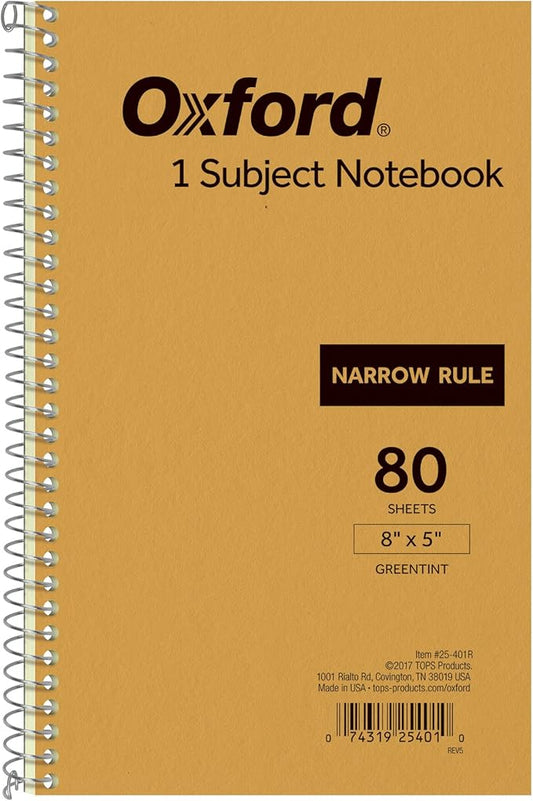 Oxford 1-Subject Kraft Notebook, 5" x 8", Narrow Rule, Kraft Cover, Green Tint Paper, 80 Sheets (25-401R)