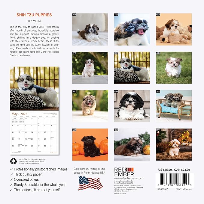 RED EMBER Shih Tzu Puppies 2025 Wall Calendar 12 Month | 12" x 24" Open | Thick & Sturdy Paper | Giftable | Calendar 2025