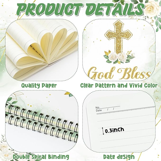 2 Pack A5 Floral Cross Religious Spiral Notebooks - God Bless Bible Verses Writing Notebooks, Ruled Hardbound Lined Journal, Christian Christmas Gift, Sunday School Supplies (Green Gold)