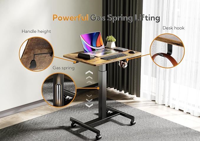 Mobile Standing Desk, Small Rolling Standing Desk, Mobile Desk Workstation with Wheels, Pneumatic Mobile Laptop Desk for Home Office with Hook, Rustic Brown