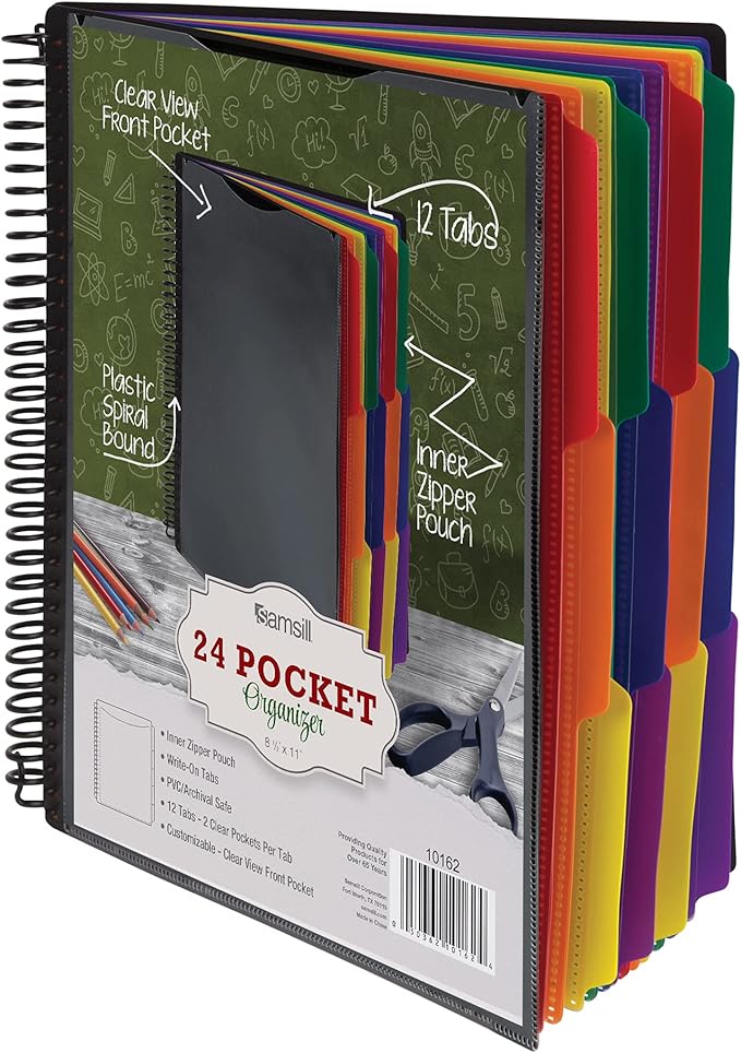 Samsill Deluxe 24 Pocket Spiral Project Organizer with Inner Zipper Pouch, Customizable Front Cover, 12 Dividers with Erasable Write-On Tabs in Assorted Colors, Plastic Folders with Pockets
