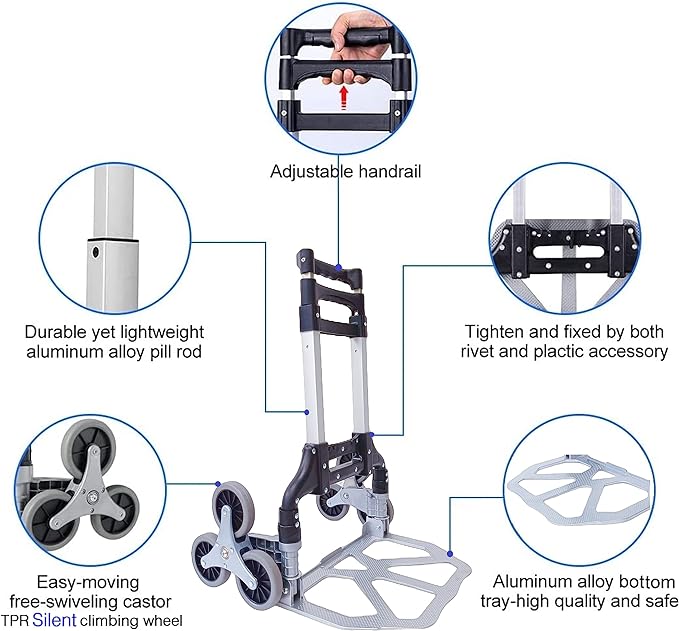 Folding Hand Truck, 165lbs Load Stair Climbing Cart with Silent Wheel, Light Weight Portable Folding Dolly Multi-fuctional Foldable Hand Cart Heavy Duty Utility Cart for Home Office & Travel Use