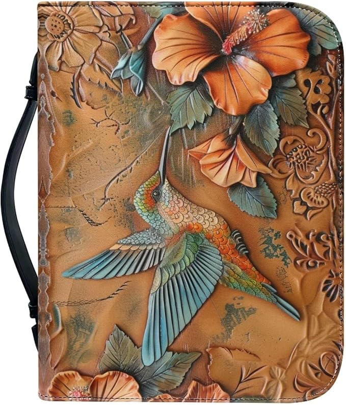 Lotusorchid Large Faux Leather Bible Cover, Hummingbird Bible Cover Case for Women with Handle Pocket, Hibiscus Bible Book Carrying Bags Bible Tote Bag, Bible Study Accessories, Orange, XL
