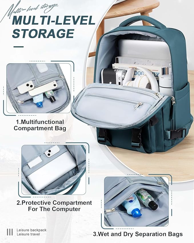 SEAFEW Peacock Blue Travel Backpack for Women,Carry on Backpack Flight Approved,Casual Daypacks Cabin Bagage,Hiking Backpack Lightweight Rucksack(Large)