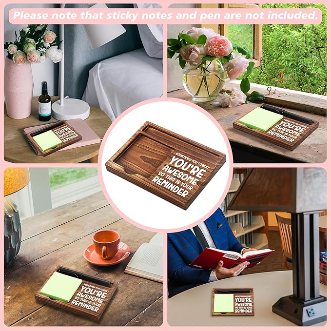 CINRLLA Sticky Note Holder Wooden Notepad & Pen Holder 6.5"" x 4.7"" Sticky Note Pad Holder Dispenser for Desk Work Motivational Gifts, NPA185, Brown