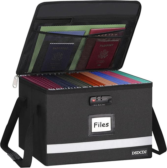 File Box with Lock - Portable File Box with Handle, Sturdy Important Document Organizer with Label, Slide, Reflective Strip for Hanging Letter/Legal Folder