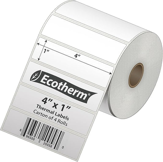 4" x 1" Thermal Labels | 4 Rolls | 5360 Labels | fits Zebra, Munbyn, Rollo, Godex, Arkscan, iDPRT, Offnova Thermal Label Printers and More | Blank White Adhesive Stickers by Ecotherm