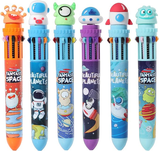Multicolor Ballpoint Pen 0.7 mm, 10-in-1 Colored Pens Fine Point Retractable Cartoon Space Ballpoint Pens for Office School Supplies Students Kids Gifts, 6 Pack