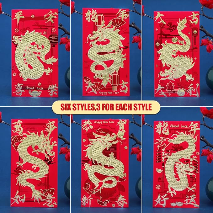 Red Envelopes Chinese New Year Dragon 2024, Lunar New Year of the Dragon Envelope Large Interoffice Envelopes Red Packet Hong Bao with 6 Different Gold Embossed Patterns (18 Pcs 6.69*3.54in)