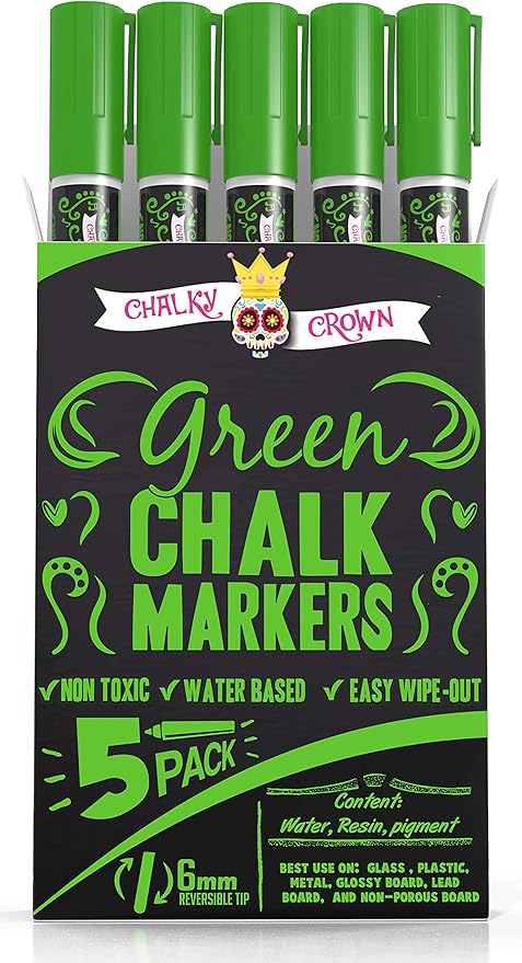 CHALKY CROWN Liquid Chalk Marker Pen - Dry Erase Marker - Chalk Markers for Chalkboard Signs, Windows, Blackboard, Glass - 6mm Reversible Tip (Green, 5 Pack)