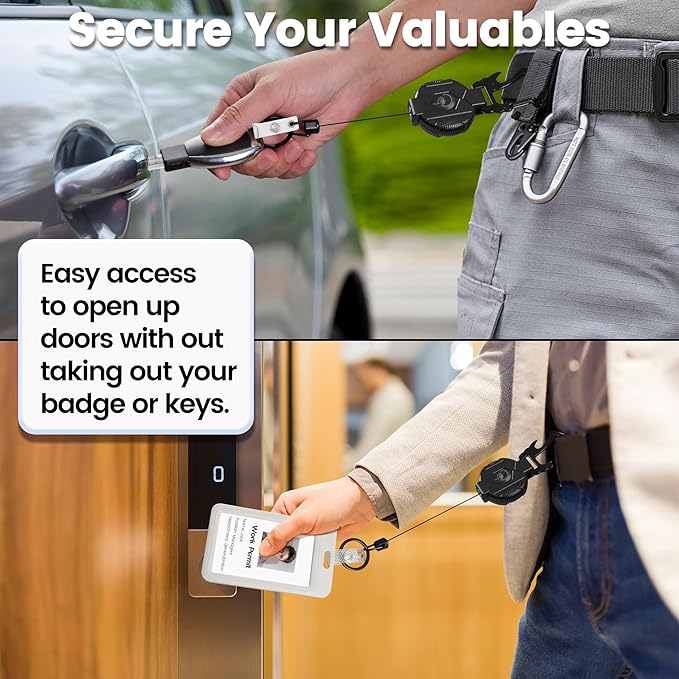 2 Pack Retractable Keychain Heavy Duty Carabiner Badge Holder with Magnetic Closure, Tactical ID Badge Reel for Men with 32” Steel Retractable Cord, Bearing 17 OZ