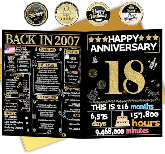 Joycard 18th Anniversary Card for Women Men, Gold Wedding Card for Wife Husband, Sweet Marriage Decorations Gifts for Couple, Perfect for Her Him on Anniversary Day, Back in 2007