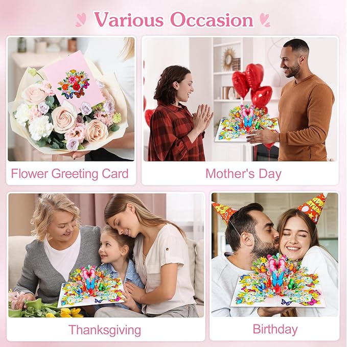 D4DREAM 3D Floral Butterfly Card for Women - Mothers Day Butterfly Pop Up Card Mothers Day Greeting Cards with Envelope Flowers Pop Up 3D Birthday Gift for Her Wife Mom Grandma