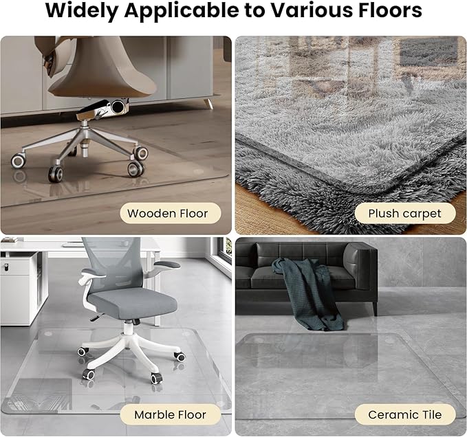 JAMBALAY Premium Tempered Glass Chair Mat with Beveled Edge for Easy Roll On, 55"x46" Office Floor Mat for Carpets or Hard Floor, Office Chair Mat with 4 Non Slip Pads, Thick 0.2″