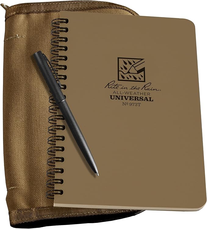 Rite in the Rain Weatherproof Side Spiral Kit: Tan CORDURA® Fabric Cover, 4.625" x 7" Tan Notebook, and Weatherproof Pen (No. 973T-KIT)