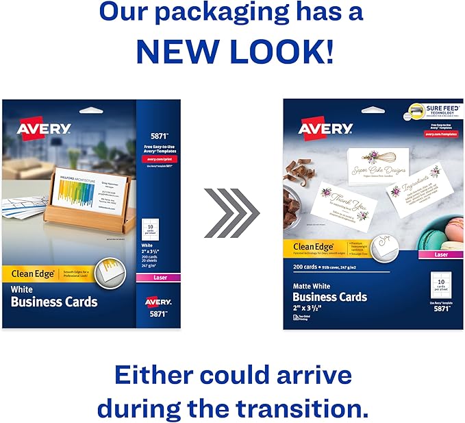 Avery Clean Edge Printable Business Cards with Sure Feed Technology, 2" x 3.5", White, 200 Blank Cards for Laser Printers (5871)