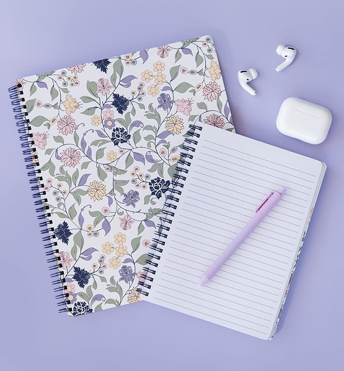 Steel Mill & Co Cute Floral Large Spiral Notebook College Ruled, 11" x 9.5" with Durable Hardcover and 160 Lined Pages, Purple Vine Ditsy
